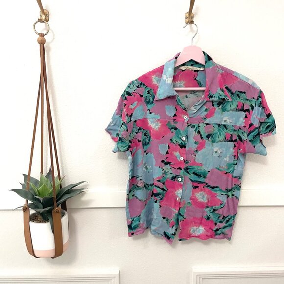 Jen's Pirate Booty Earth Floral Short Sleeve Top Size M - Picture 2 of 5